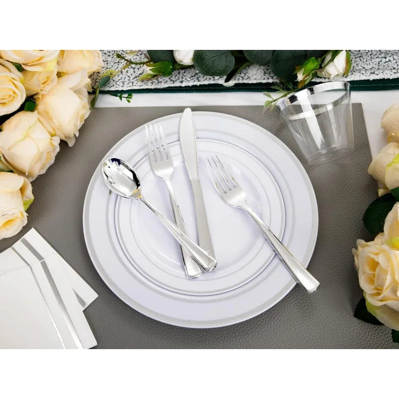 Silver Elegant Disposable Tableware Set for 100 People