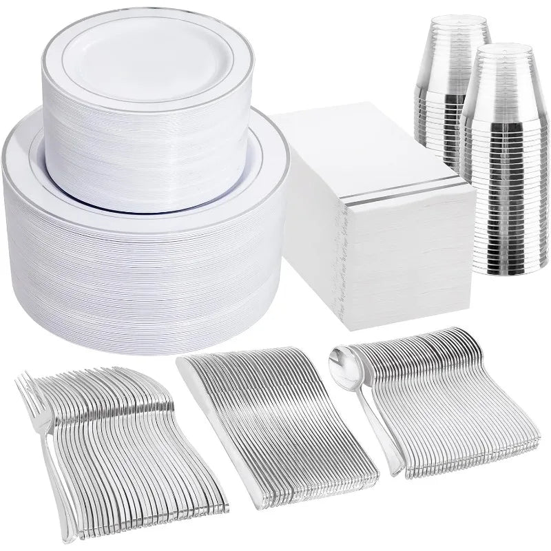 Silver Elegant Disposable Tableware Set for 100 People