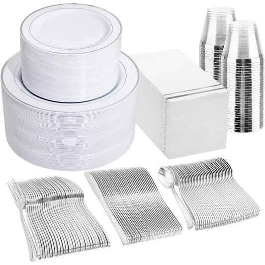 Silver Elegant Disposable Tableware Set for 100 People
